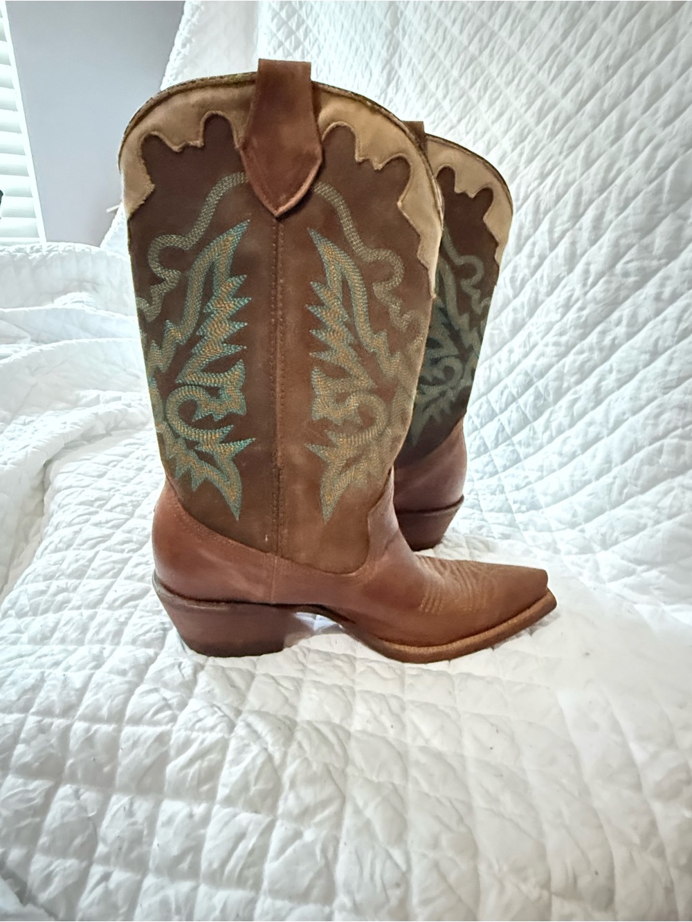 Gypsy Rose Classic Brown Leather Western Cowboy Boots with Teal Stitching